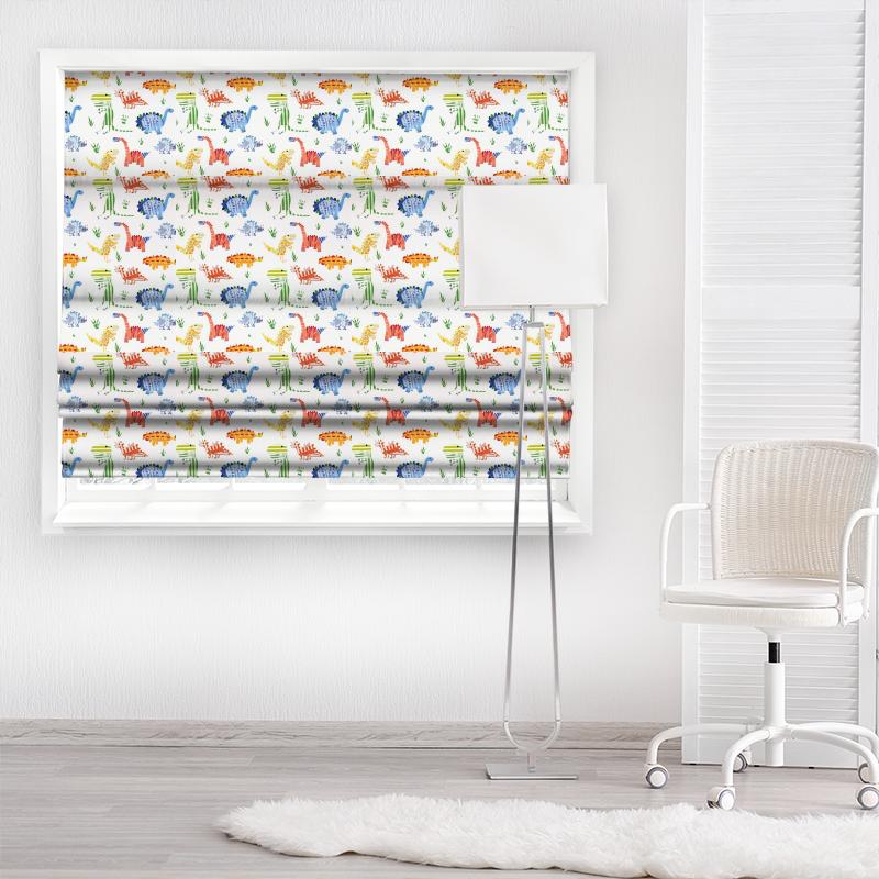 Harlequin What a Hoot Fabrics Jolly Jurassic Aqua Tangerine Apple and Natural Made To Measure Roman Blind
